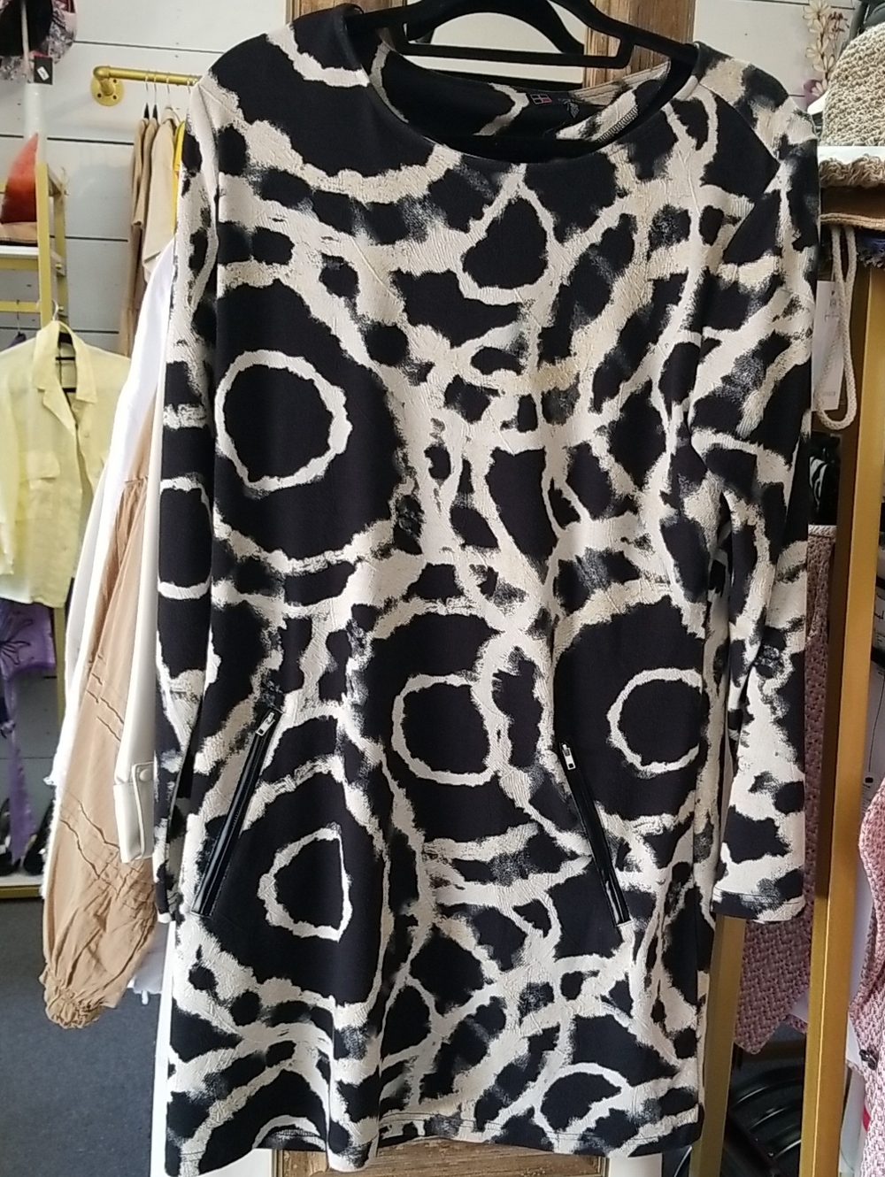 Abstract Black & White Long Sleeve Tunic Dress